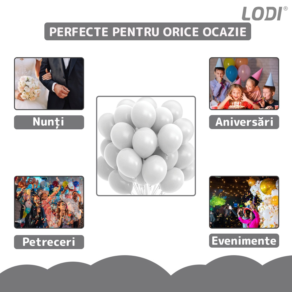 Set 100 Baloane Lodi251, pentru Petreceri/Aniversari/Evenimente, o singura dimensiune, latex, alb