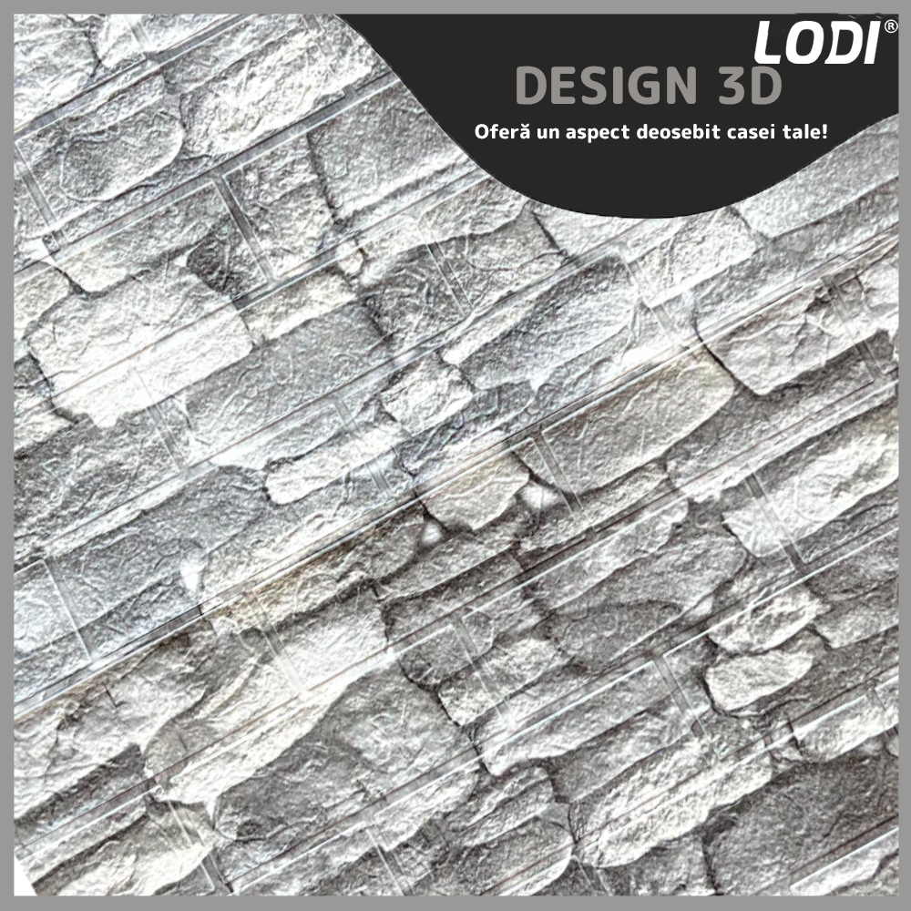 Set Tapet Caramida 3D Lodi243, Model Piatra Rotunda, suprafata acoperire 5.3 mp, autoadeziv, waterproof, usor de montat, design modern, 70x77 cm, gri