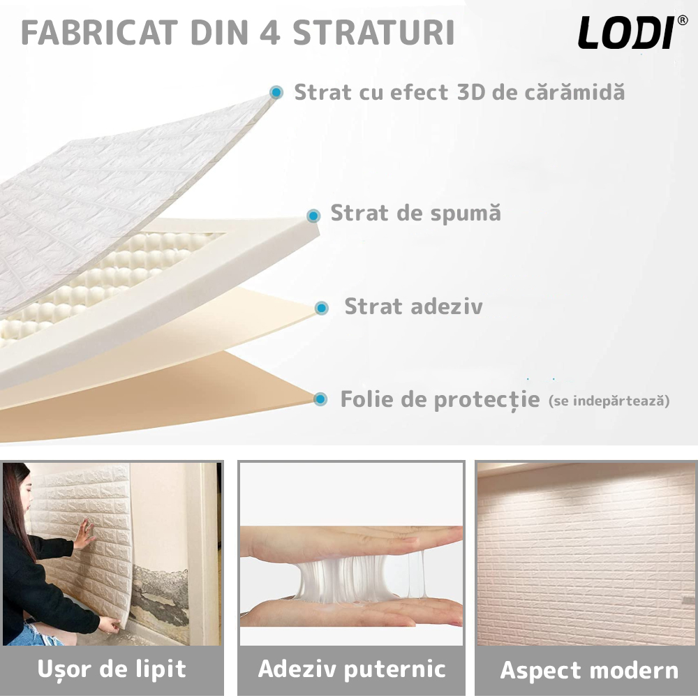 Set Tapet Caramida 3D Lodi51, suprafata acoperire 5.3 mp, autoadeziv, waterproof, usor de montat, design modern, 70x77 cm, alb