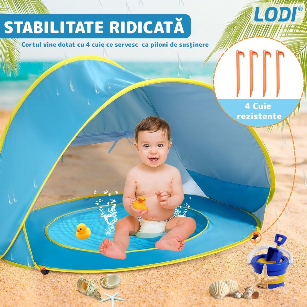 Cort Portabil de Vara pentru Bebelusi Lodi1097, adapost impermeabil pentru plaja, cu piscina, protectie UV si UPF 50+, multifunctional, 117x79x70 cm, albastru deschis