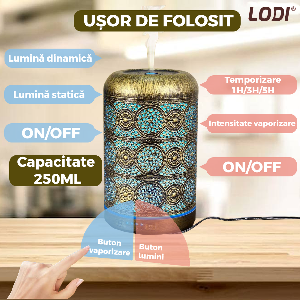 Difuzor Aromaterapie Lodi605, din metal, design vintage, 7 culori LED, 2 jocuri de lumini, capacitate 250ml, silentios, umidifica aerul, bronz