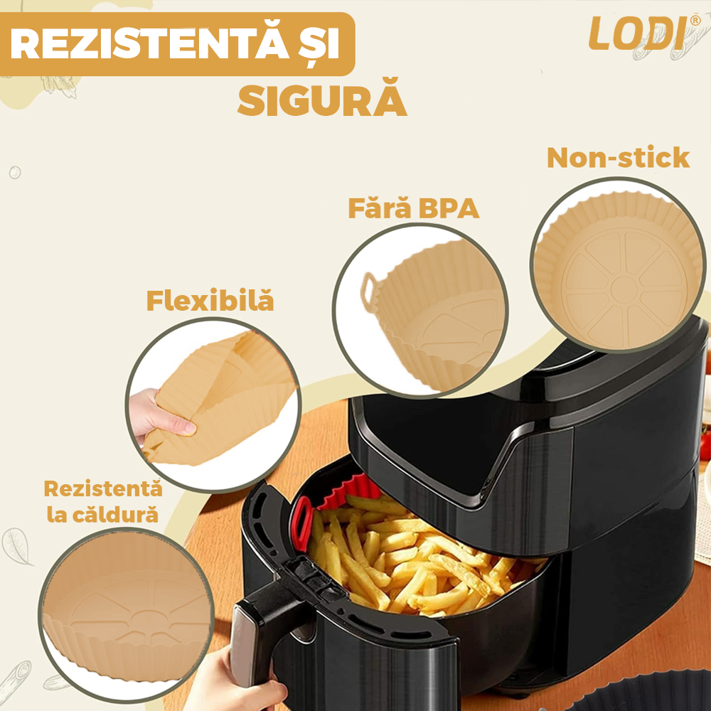 Tava de Copt Rotunda Lodi1308, pentru friteuza/cuptor/microunde, antiaderenta, rezistenta la temperaturi inalte, 21 x 17 cm,bej