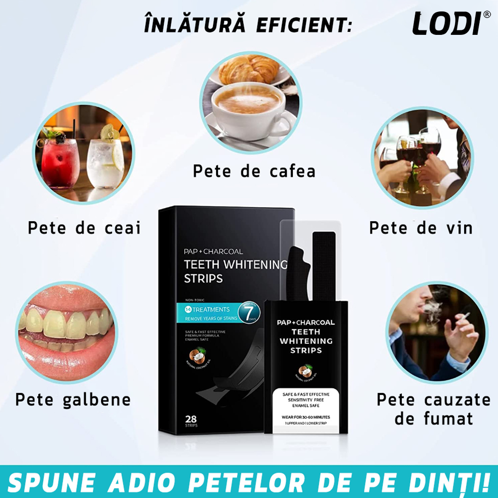 Set 14 Benzi pentru Albirea Dintilor Lodi471, IVISMILE, Carbune Activ si PAP, 7 Plicuri
