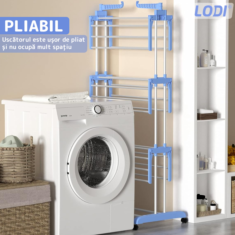 Uscator Vertical pentru Rufe si Haine Lodi290, 3 niveluri, mobil, pliabil, pentru spatii mici, suport umerase, cadru rezistent, inaltime 175cm, albastru