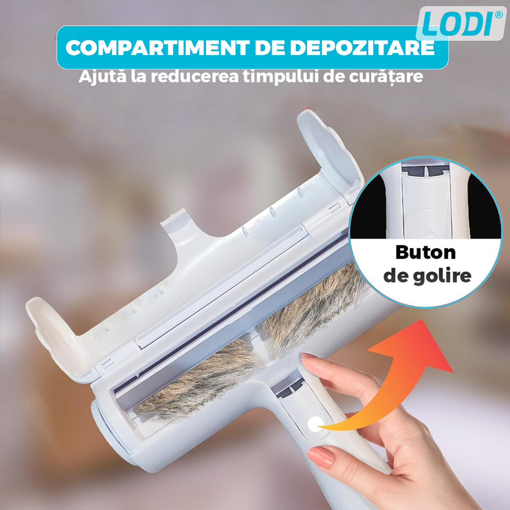 Perie Curatare Par Lodi1520, reutilizabila, universala, pentru orice suprafata inclusiv hainele, curata parul de animale si scamele, compartiment de depozitare a parului, albastru