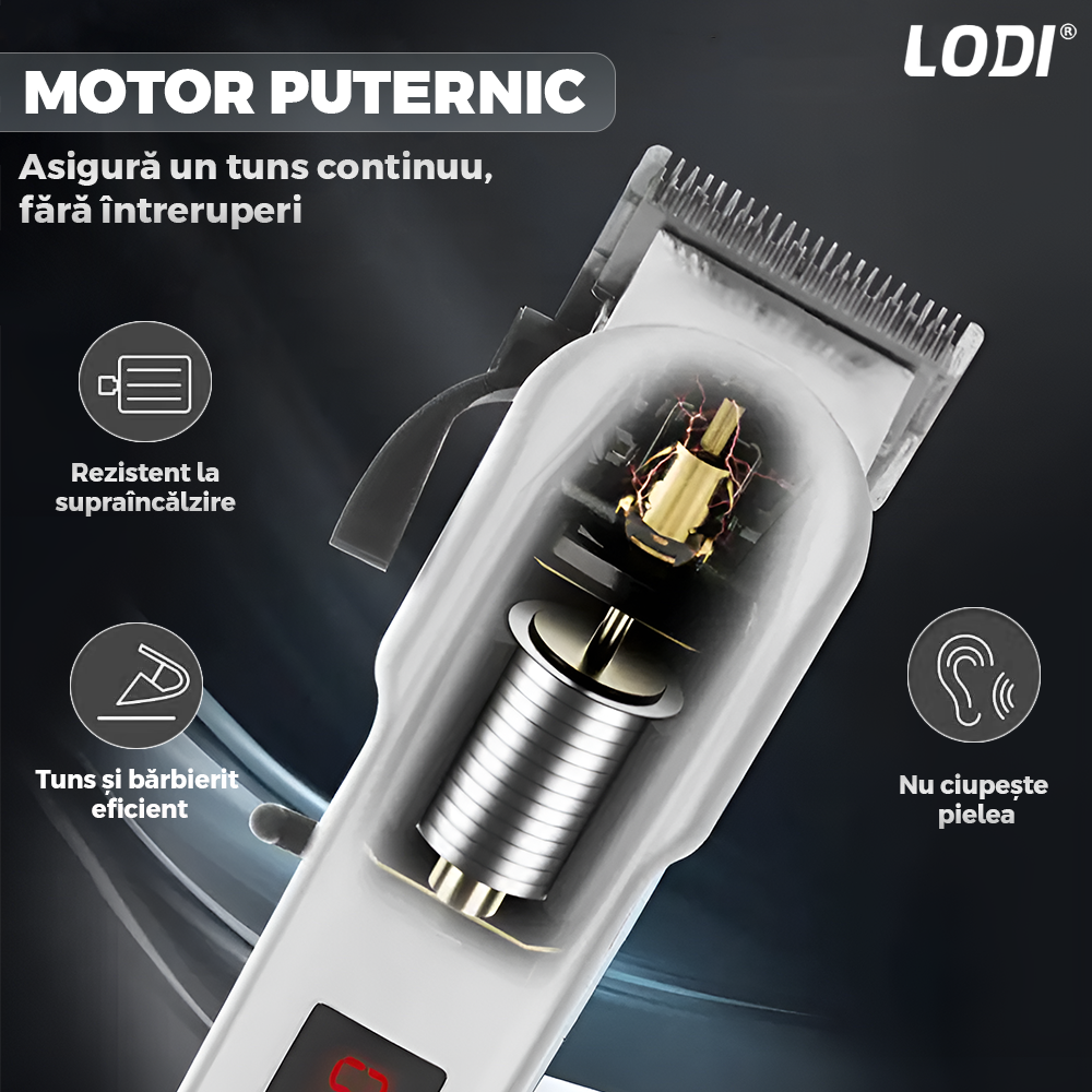 Aparat de tuns barba Lodi979, afisaj digital, 4 piepteni inclusi, incarcare la retea, lame ascutite, usor de curatat, trimmer profesional, alb