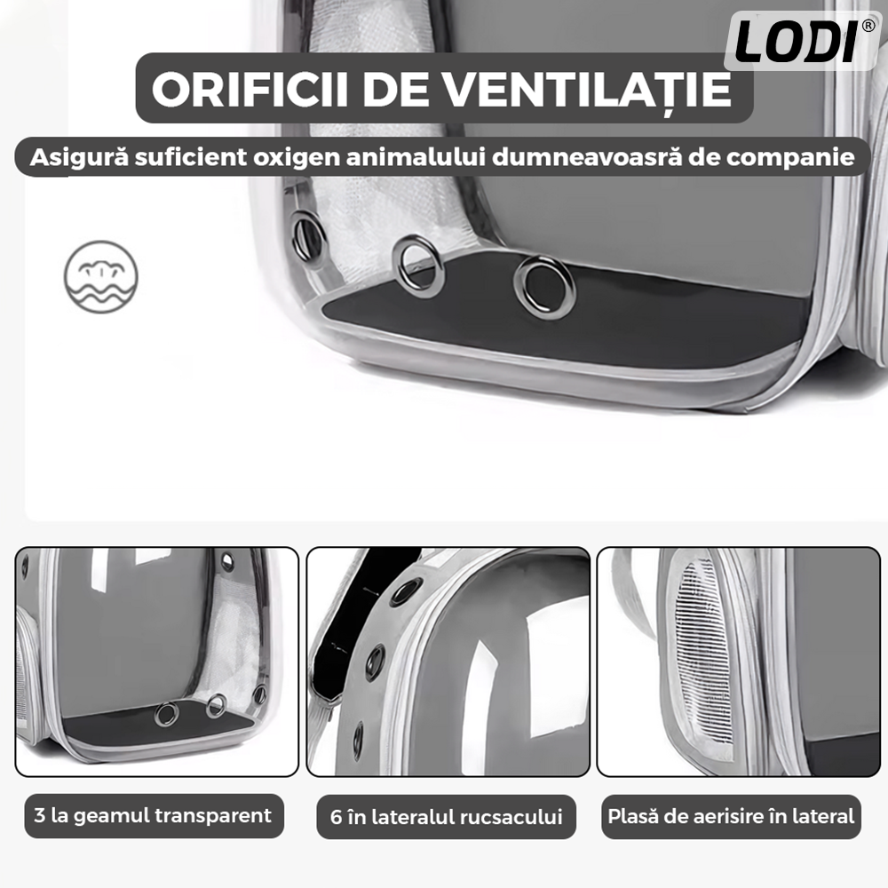 Rucsac Transport Animale Lodi1099, greutate Max 7kg, hublou panoramic transparent, buzunar lateral, 2 iesiri, pentru talie mica, gri