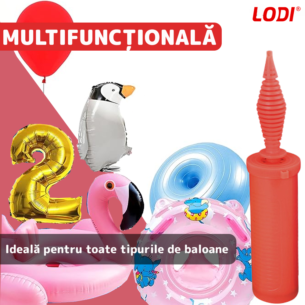 Pompa Manuala Pentru Umflat Baloane cu Dublu Sens Lodi370, multifunctionala, materiale calitative, umflare rapida, rosu/negru, 28 cm