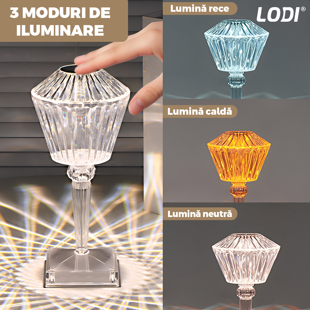 Lampa Ambientala Cristal LED Lodi1220, forma diamant, portabila, 3 moduri de iluminare, intensitate ajustabila, tactila, incarcare USB