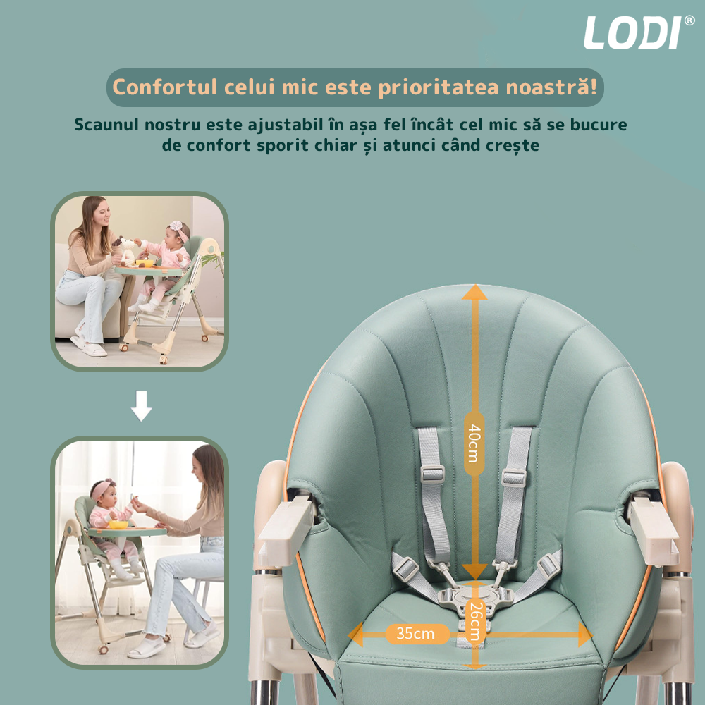 Scaun de Masa 3in1 pentru Bebelusi si Copii Lodi633, inaltime ajustabila, centura de siguranta in 5 puncte, tavita reglabila si detasabila, roti cu frana incorporata, verde smarald