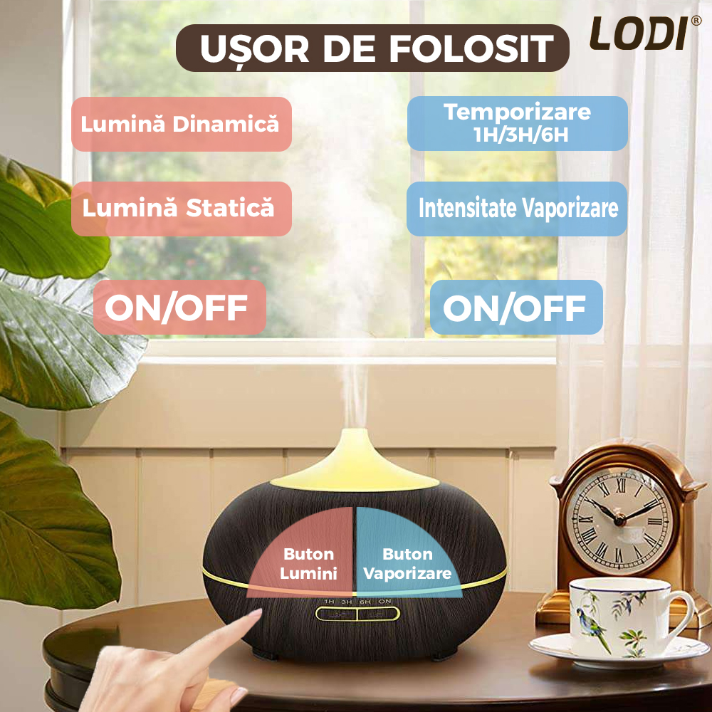 Difuzor Aromaterapie Lodi212, 7 culori LED, 2 jocuri de lumini, control prin telecomanda, capacitate 500ml, silentios, umidifica aerul, stejar inchis