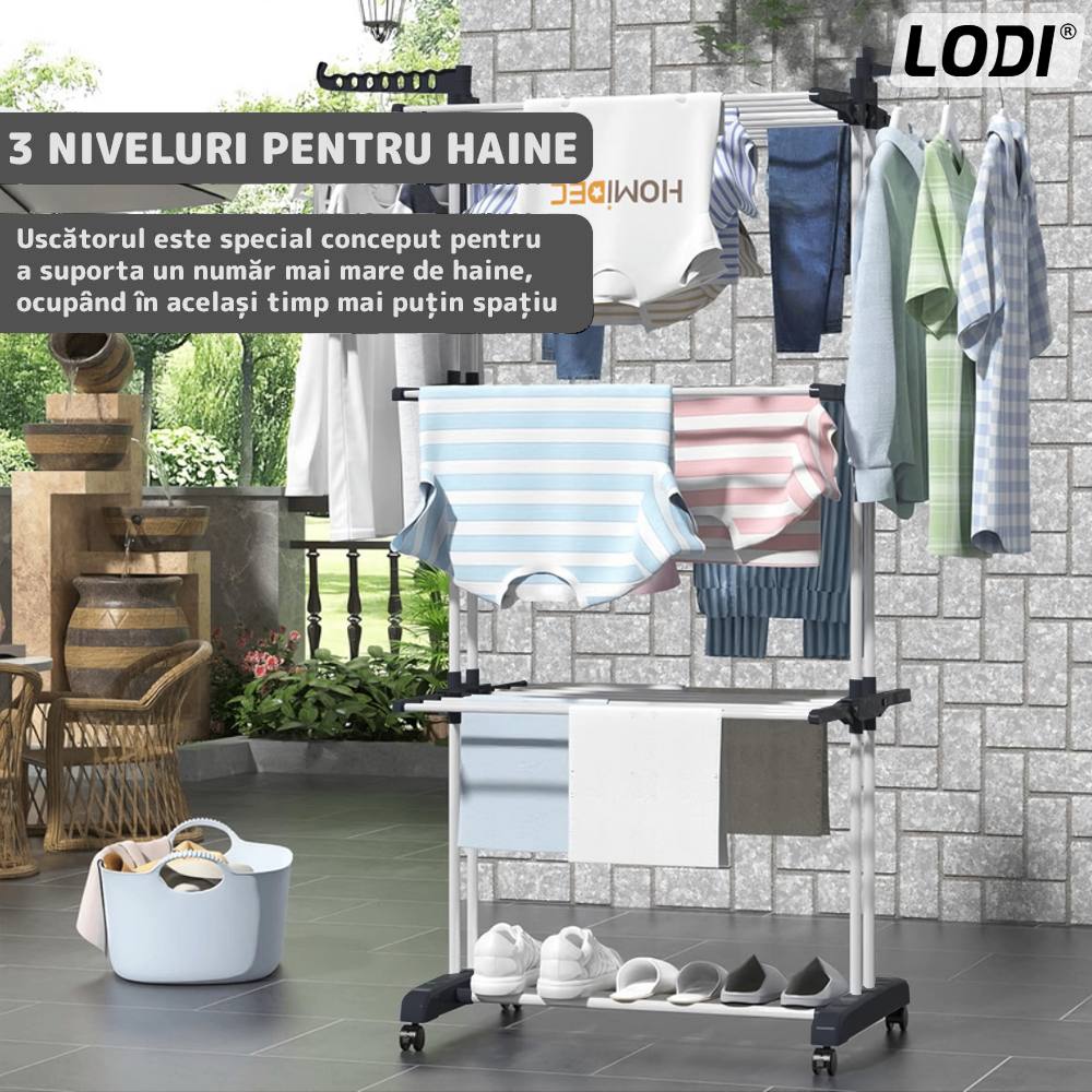 Uscator Vertical pentru Rufe si Haine Lodi1513, 3 niveluri, mobil, pliabil, pentru spatii mici, suport umerase, cadru rezistent, inaltime 175cm, negru