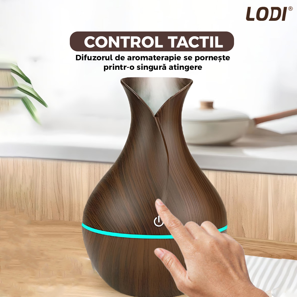 Difuzor Aromaterapie Lodi220, lumini ambientale, control tactil, capacitate 200ml, silentios, rezerva inclusa, alimentare USB, umidifica aerul, stejar inchis