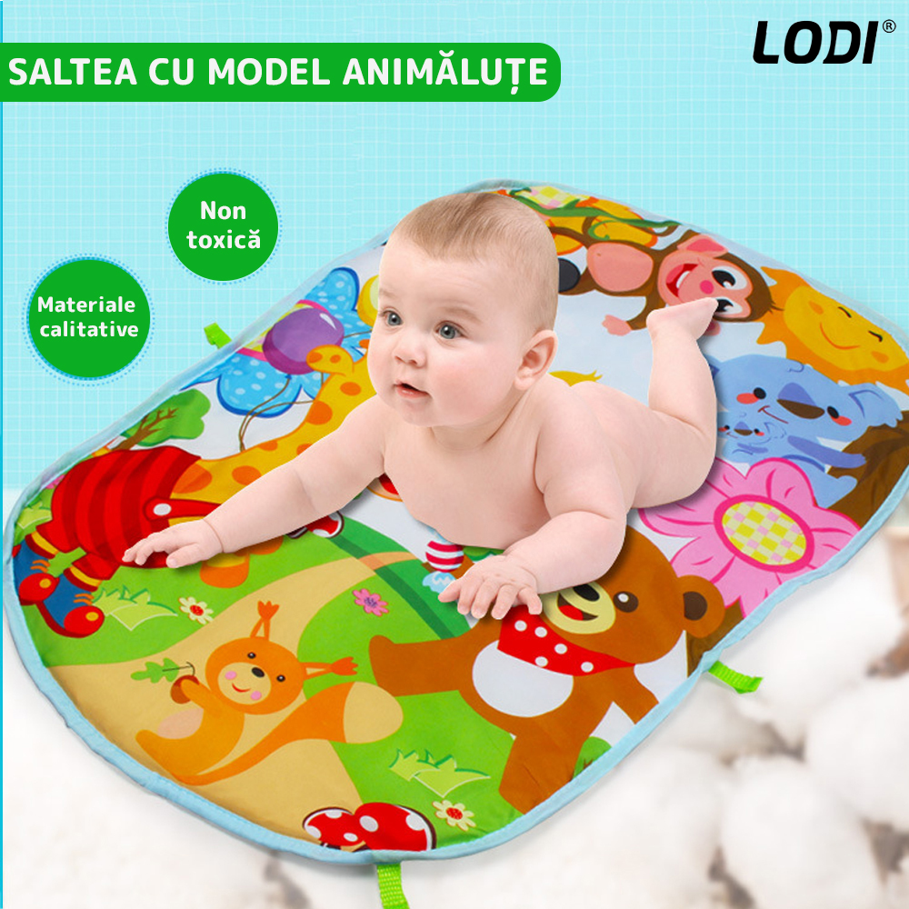Centru de Activitati si Joaca Lodi415, saltea interactiva pentru copii cu sunete, multifunctional, pian si oglinda detasabile, jucarii zornaitoare, 4 moduri interactive si educative, verde