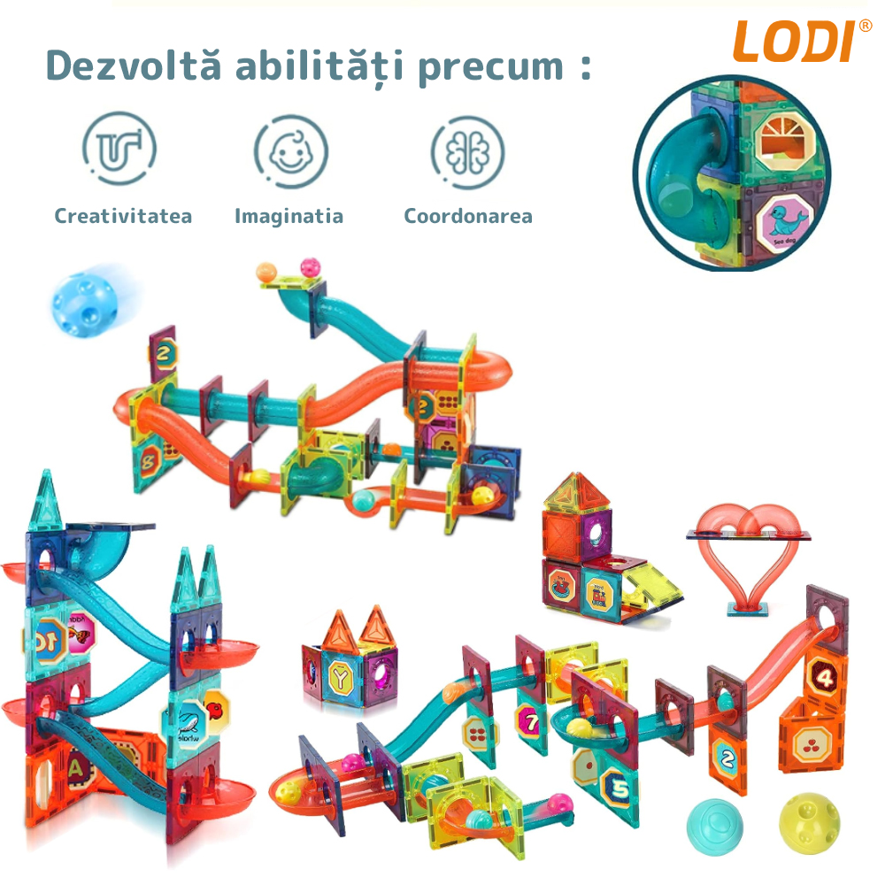 Set Inteligent si Creativ Magnetic 3D Lodi114, 78 Piese, traseu cu bile, creativ, numeroase posibilitati de construit, dezvoltarea abilitatilor motrice si a imaginatiei, multicolor