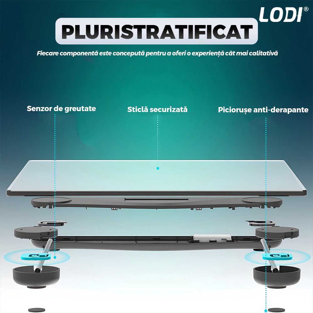 Cantar Electronic Corporal Lodi1259, patrat, afisaj digital, precizie ridicata, senzori de greutate, conversie la unitate, capacitate de 150 kg, transparent