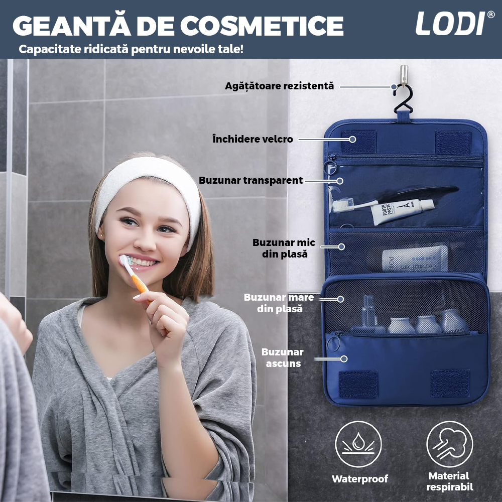 Set 8 Organizatoare Lodi672, pentru calatorie, diferite marimi, 3 genti cu plasa, 1 geanta pentru lenjerie, geanta pentru cosmetice, sac pentru hainele murdare, inchidere cu fermoar dublu, plasa, albastru inchis