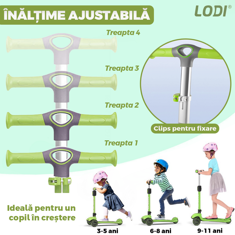 Trotineta pentru Copii cu Lumini Lodi1050, 3 roti, pliabila, anti-aluncare, inaltime ajustabila, stabila, frana, incorporata, 3-11 ani, verde