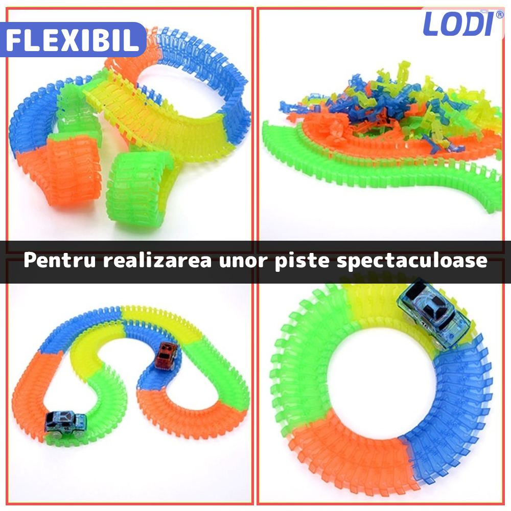 Circuit Masinute Lodi1070, 56 piese, pista iluminata configurabila, fosforescenta, masinuta cu lumini albastra, multicolor