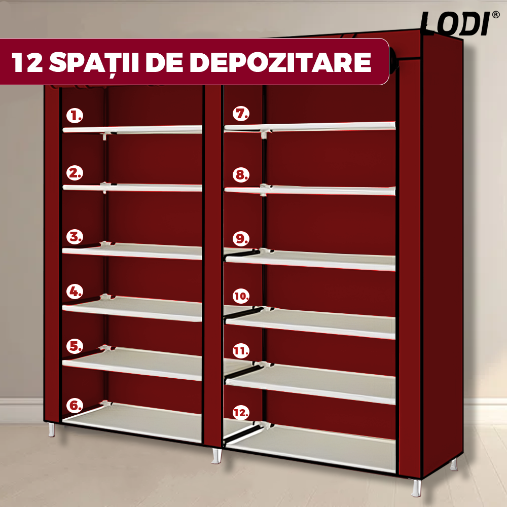 Pantofar din Material Textil pentru Incaltaminte Lodi1488, impermeabil, 12 rafturi, inchidere fermoar, cadru otel, 108 cm, rosu