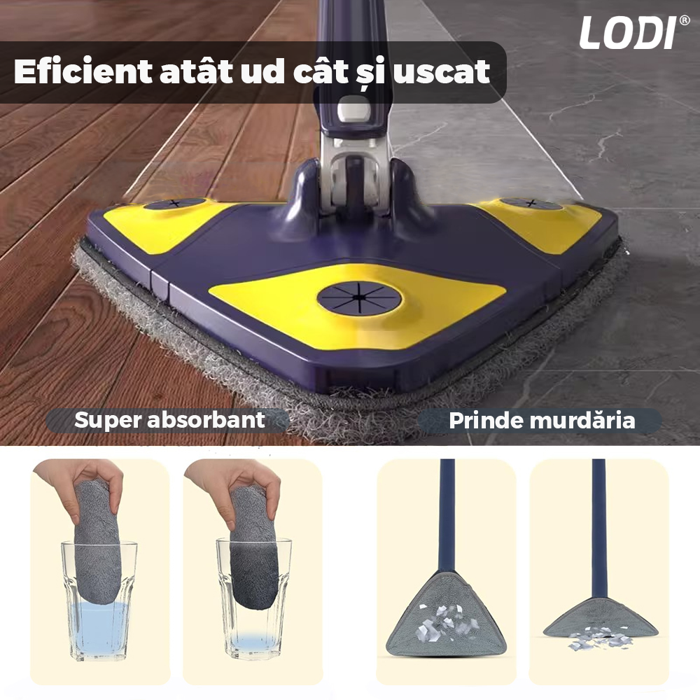 Mop cu Cap Triunghiular Lodi550, rotire 360 grade, telescopic, curatare usoara, 4 lavete incluse, 127 cm, albastru/galben deschis