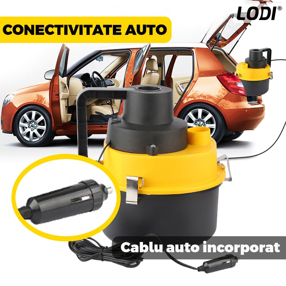 Aspirator Auto Portabil Lodi359, capacitate 3 litri, 120 W, alimentare bricheta auto 12 V, aspirare umed si uscat, 4 accesorii incluse, galben