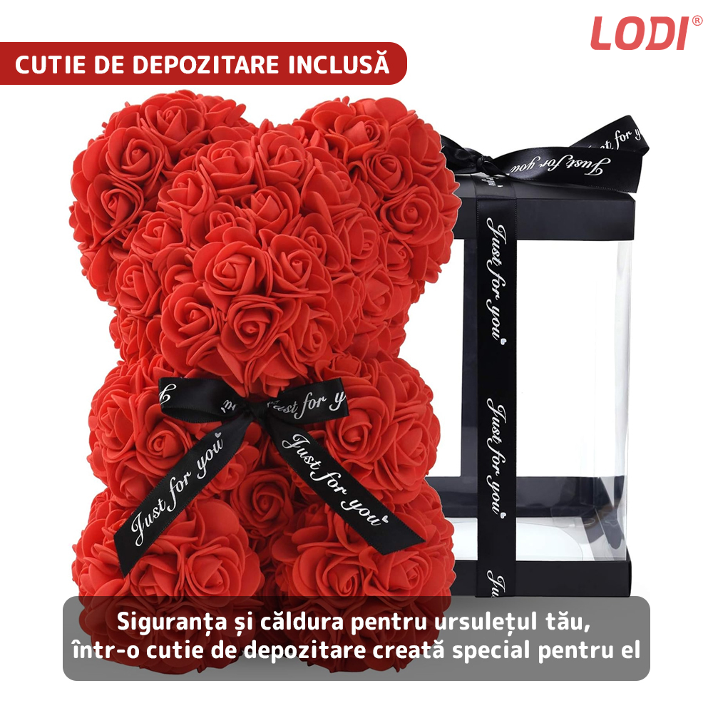 Ursulet din Trandafiri de Spuma Lodi330, floral rosu, handmade, cutie transparenta, 25 cm