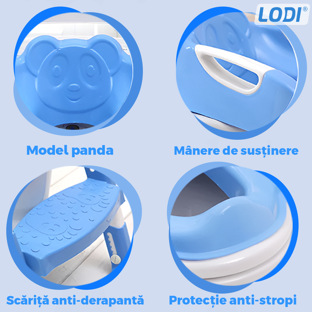 Reductor WC cu Scara Lodi974, antiderapant, pentru copii cu varsta pana la 7 ani, protectie impotriva stropilor, 1 treapta, reglabil pe inaltime, manere de sustinere, alb/albastru