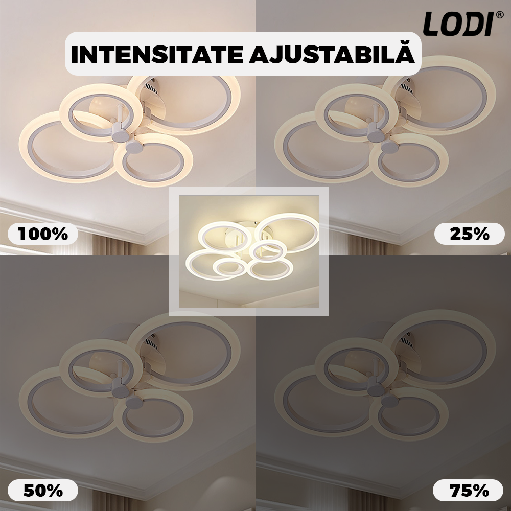 Lustra LED 6 Cercuri Lodi426, dimabila cu telecomanda, 3 tipuri de lumina, intensitate ajustabila, lumina alba rece, neutra, alba cald, putere 160 W, 55 cm