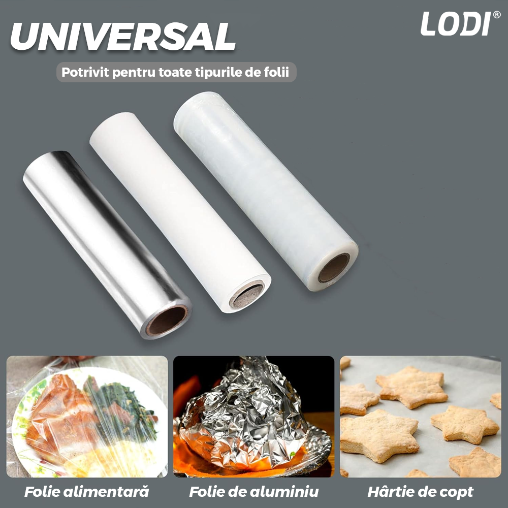 Dispenser de Bucatarie Multifunctional Lodi1491, 4 in 1, pentru folie alimentara/ folie de aluminiu/ hartie de copt si servetele, rezistent, montare usoara cu suruburi, compatibil cu diverse dimensiuni de role, alb