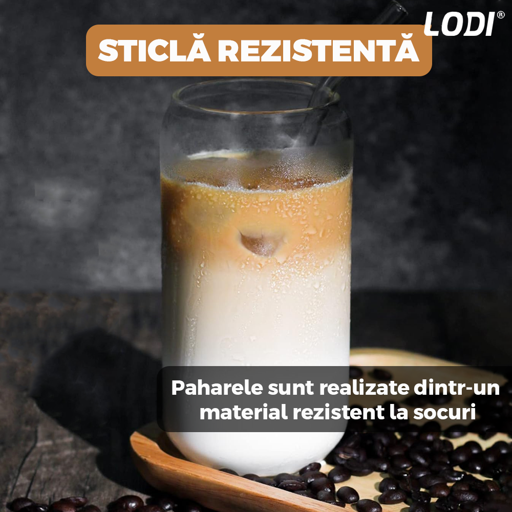 Set 4 Pahare de Sticla cu Capac si Pai Lodi1005, sticla borosilicata, perie pentru curatare inclusa, capac din bambus, design modern, termorezistente, capacitate 500 ml, 15 cm