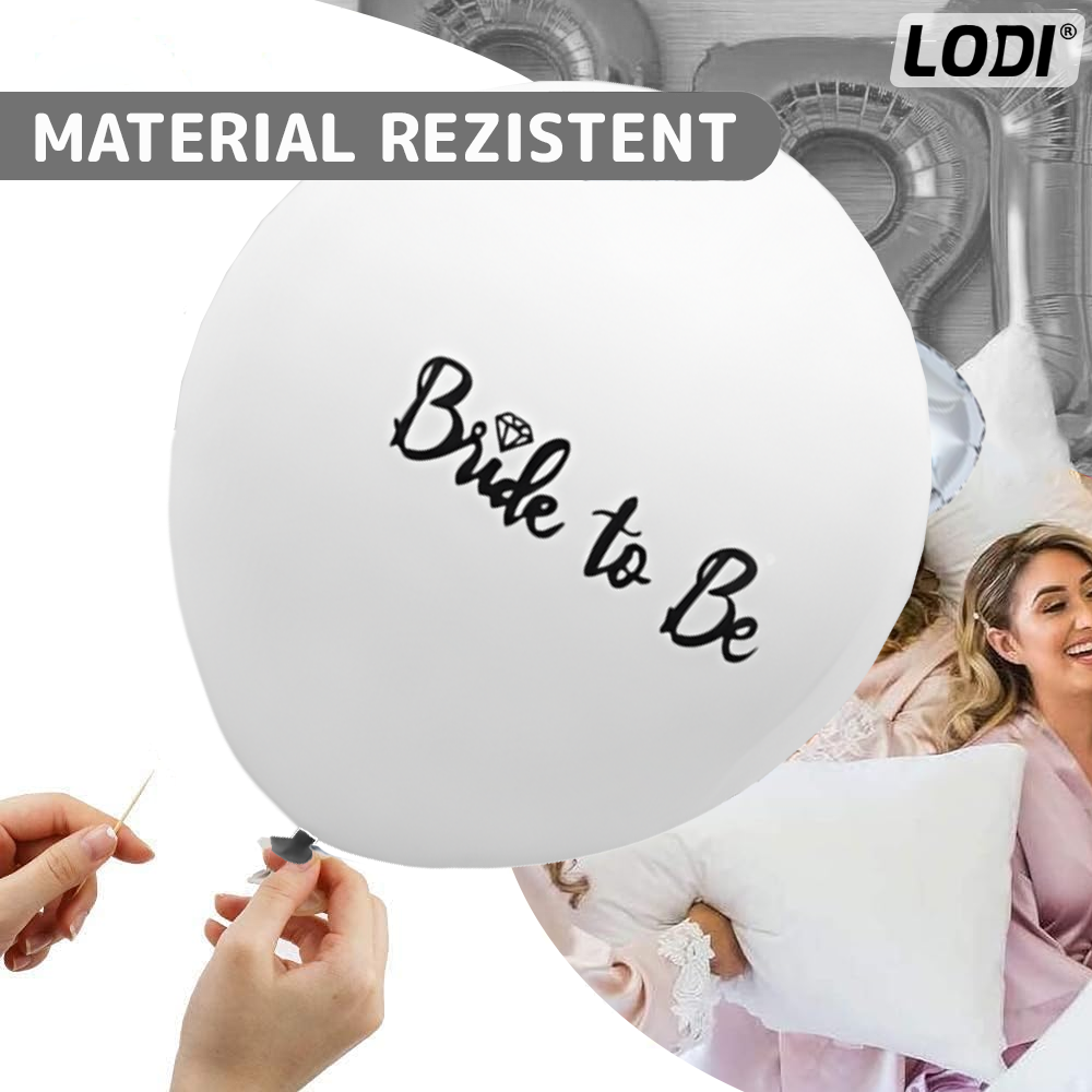 Set 6 Baloane Lodi1490, pentru Petreceri/Evenimente, rezistente, elastice, usor de umflat, model BRIDE TO BE, 30 cm, alb