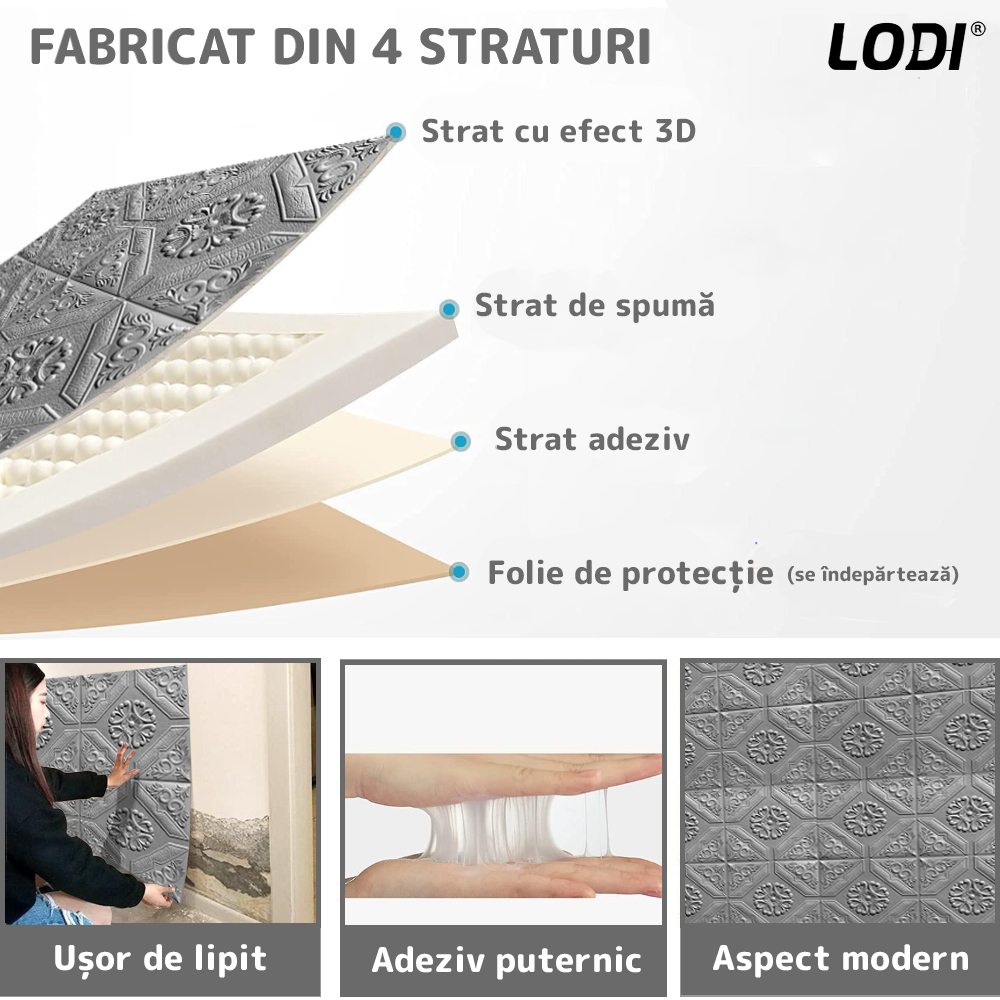 Set 10x Tapet 3D Lodi779, suprafata acoperire 4.9 mp, autoadeziv, Model Floral Carou, perete/tavan, waterproof, usor de montat, design modern, 70x70 cm, gri