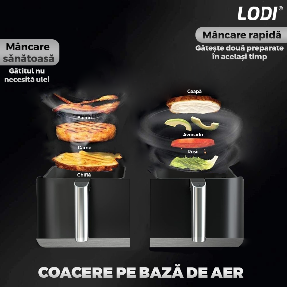 Friteuza Dubla Fara Ulei Air Fryer Lodi753, tehnologie smart sensing, programe smart chef automate, afisaj digital, capacitate 8 L, tehnologie de eliminare a grasimii, functie de pastrare la cald,tensiune alimentare 220-240 V, culoare negru