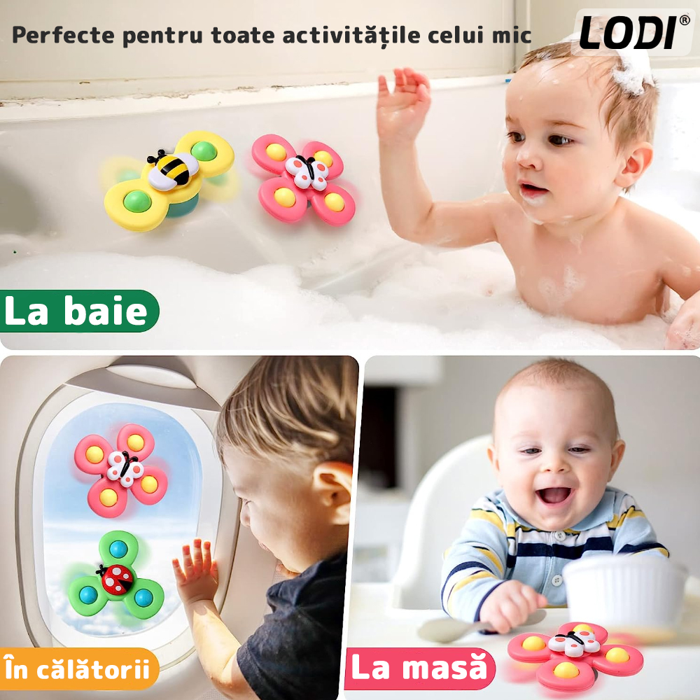 Set 3 Jucarii Interactive Fidget Spinner Lodi2, forma insecte, bile zornaitoare, margini rotunde, ventuza de prindere, 1-3 ani, multicolor