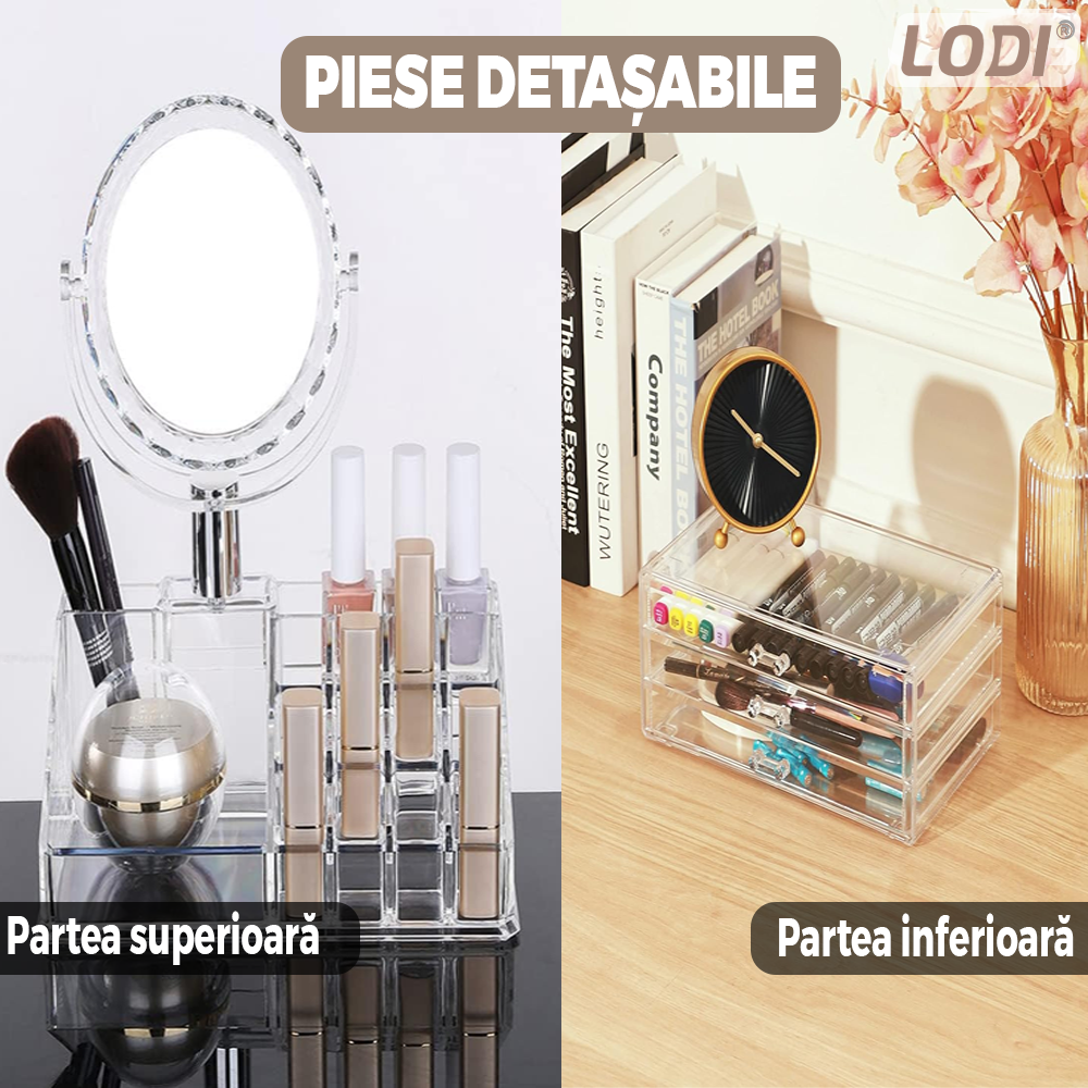 Organizator Cutie Depozitare pentru Produse Cosmetice Lodi472, bijuterii si alte obiecte, 3 sertare, oglinda incorporata, piese detasabile, transparent, 24 x 35 cm