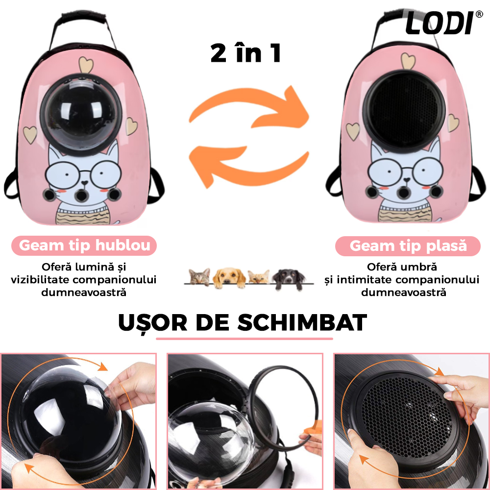 Rucsac Transport Animale Lodi22, greutate Max 7kg, hublou transparent, buzunar lateral, accesorii incluse, pentru talie mica, model Pisica, roz