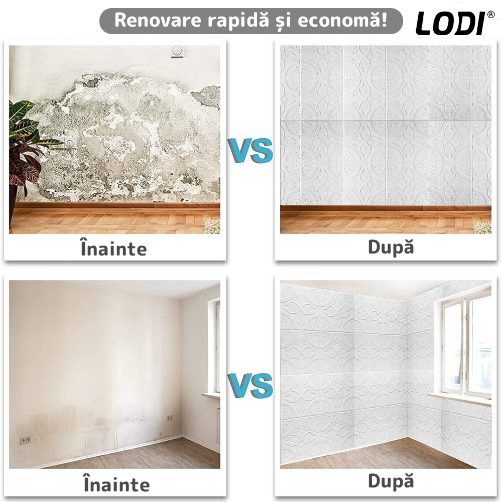Set 10x Tapet 3D Lodi822, suprafata acoperire 4.9 mp, autoadeziv, Model Floral Cerc, perete/tavan, waterproof, usor de montat, design modern, 70x77 cm, alb