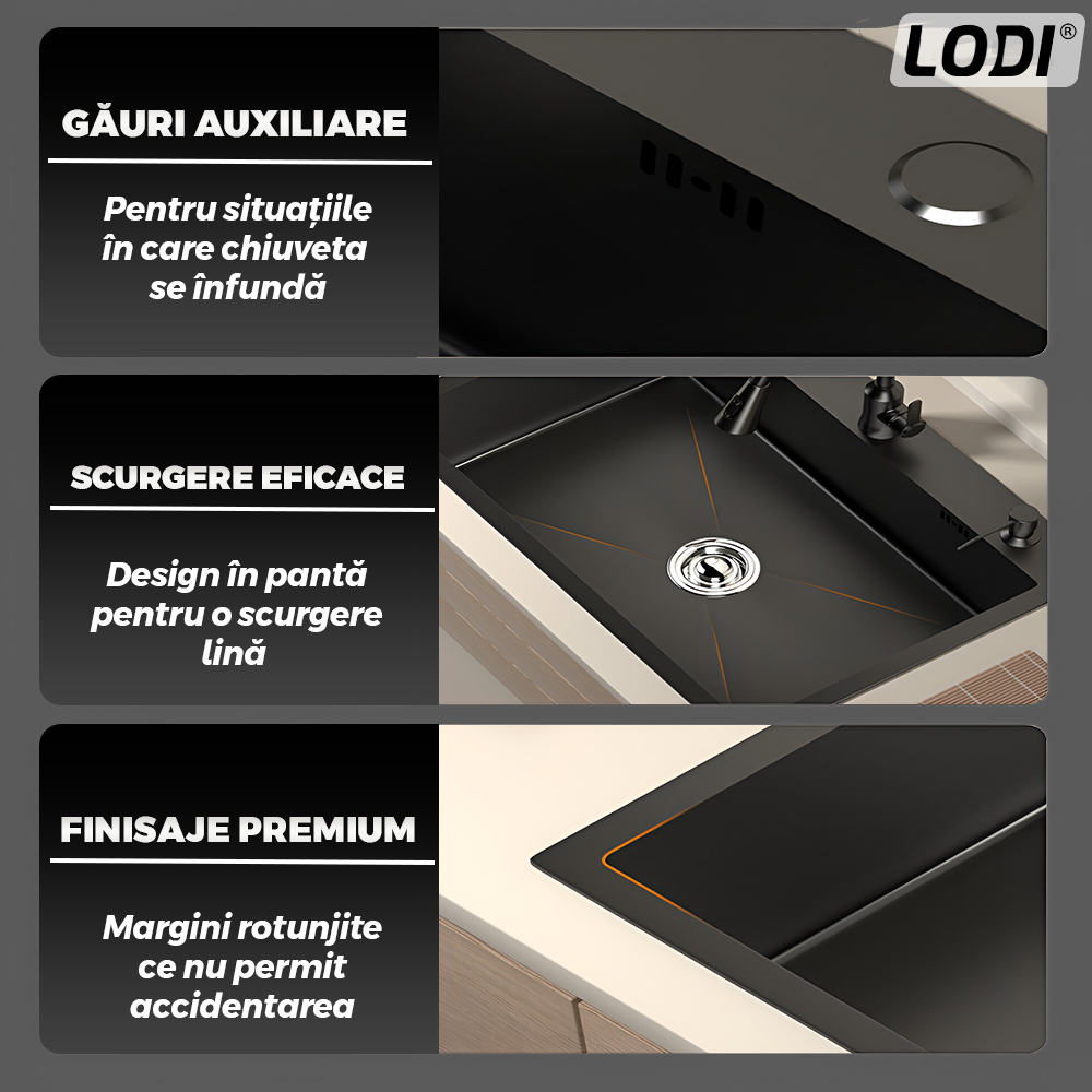 Chiuveta Multifunctionala pentru Bucatarie Lodi1218, materiale premium, baterie extensibila cu furtun de 60 de cm, rotire 360°, dozator de sapun inclus, scurgator de vase detasabil, adanca, usor de montat, negru mat
