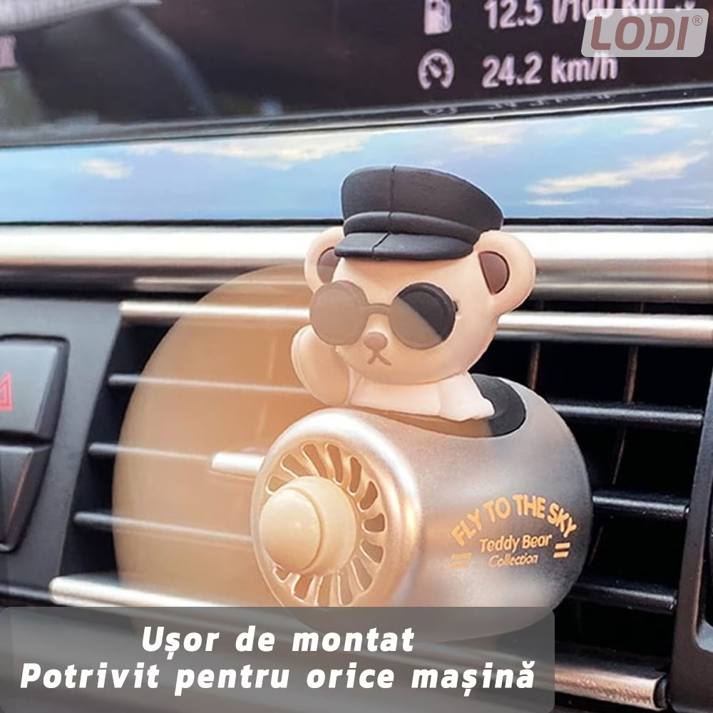 Difuzor Auto Aromaterapie Lodi335 cat pilot bear cu ochelari, kit odorizant, 2 arome cu extracte naturale incluse