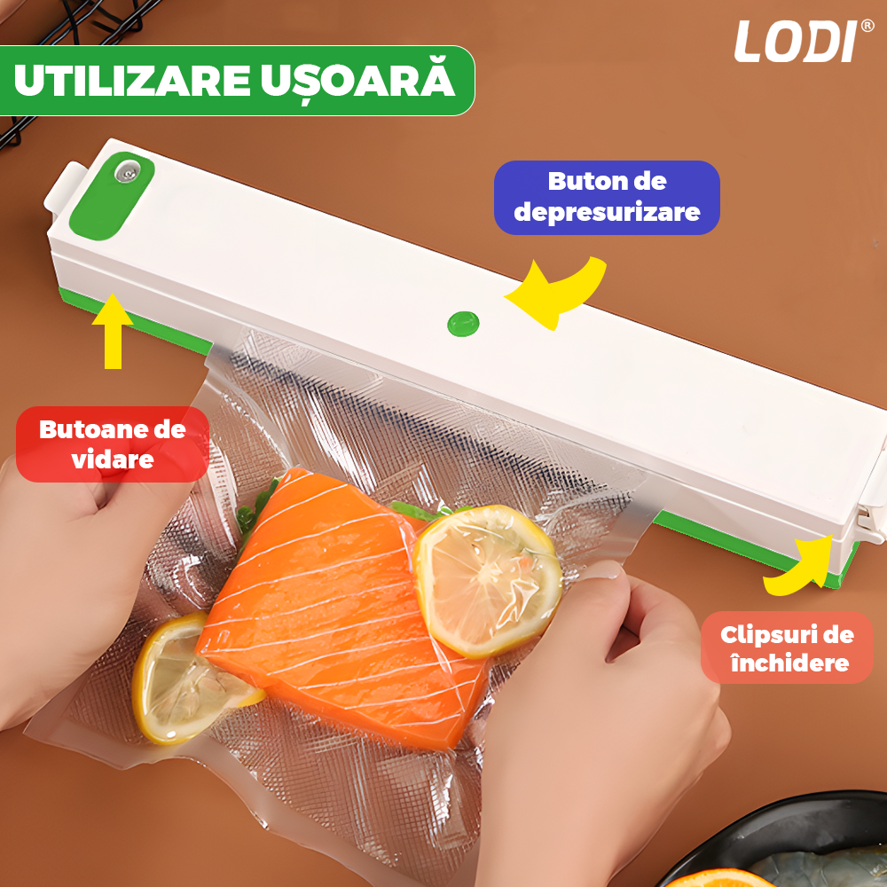 Aparat de Sigilat si Vidat Lodi1311, alimente si obiecte, vidare umeda/uscata/soft, 90W, 220V, portabil, alb/verde