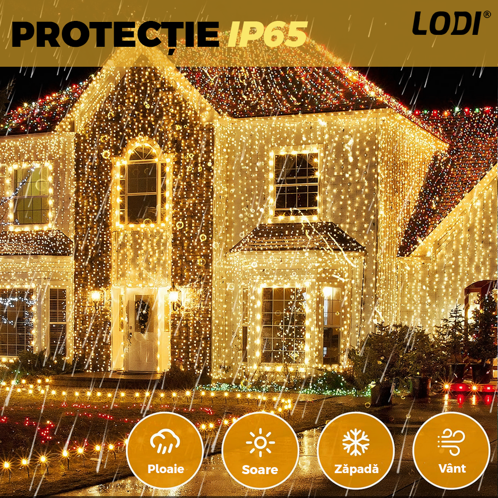 Instalatie de Craciun Liniara Lodi1432, 480 LED-uri, 8 jocuri de lumini, alimentare la priza, interior/exterior, rezistenta la apa, 100 m, alb cald