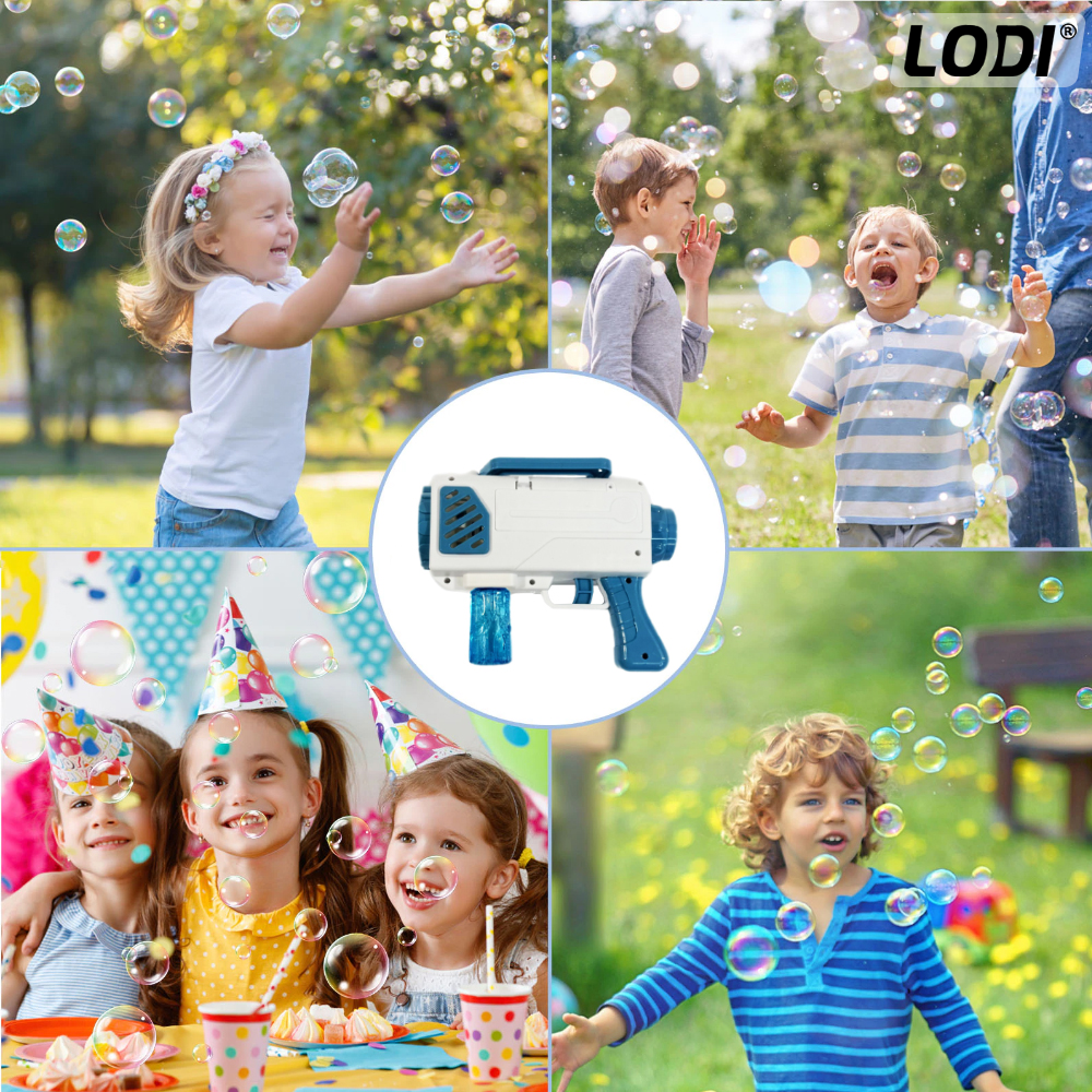Pistol de Facut Baloane Bubble Gun Lodi66, tip Bazooka, automat, 10 orificii pentru bule, 2 rezerve incluse, alimentare cu baterii, alb/albastru