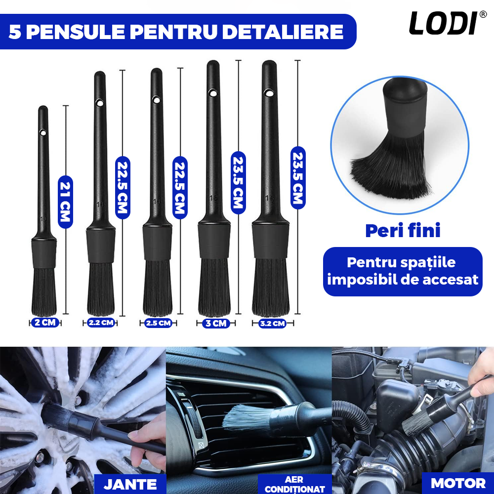 Set Premium 26 Piese Detailing Auto Lodi677, curatare masina Interior-exterior, 5 pensule detaliu, burete aplicator, laveta microfibra, perii aer conditionat, perii de zimtate, manusa microfibra fata-verso, albastru