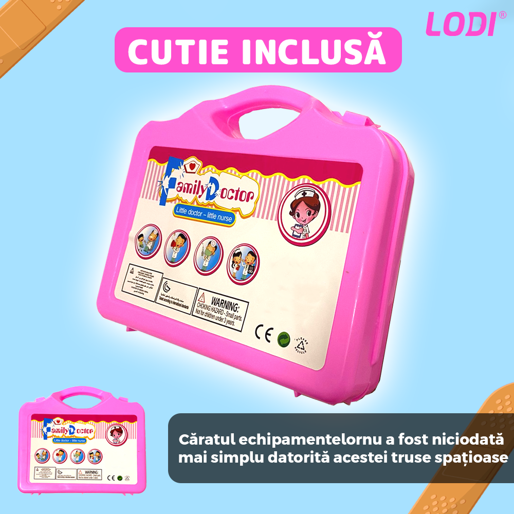 Set Trusa Medicala Asistenta Doctor Lodi480, joc de rol, 13 accesorii si cutie penntru depozitare, mini pacient, 37.5 x 21 cm, roz deschis