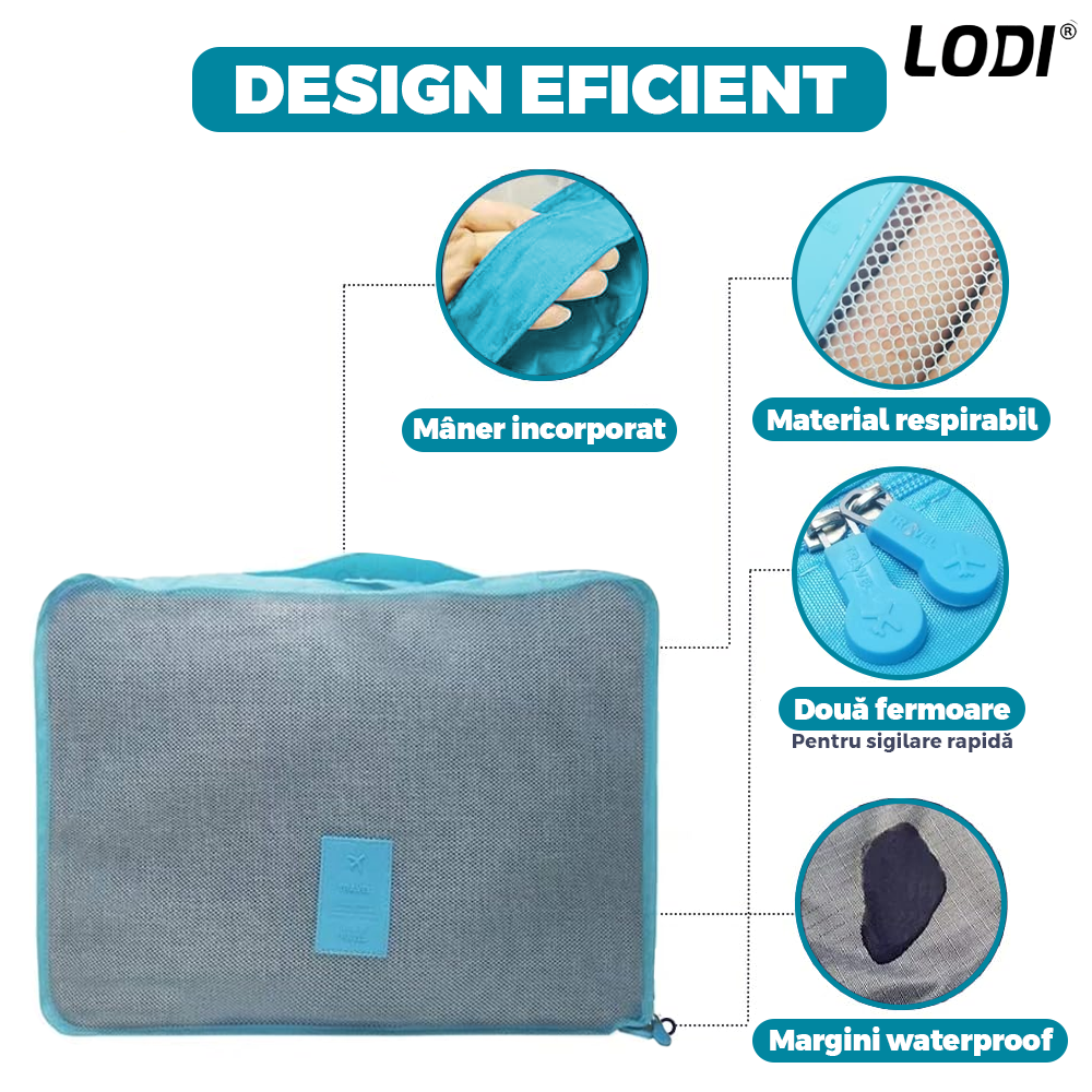 Set 6 Organizatoare Lodi670, pentru calatorie, diferite marimi, bagaj de voiaj, valiza, troler, genti, haine, accesorii, inchidere cu fermoar dublu, plasa, albastru deschis