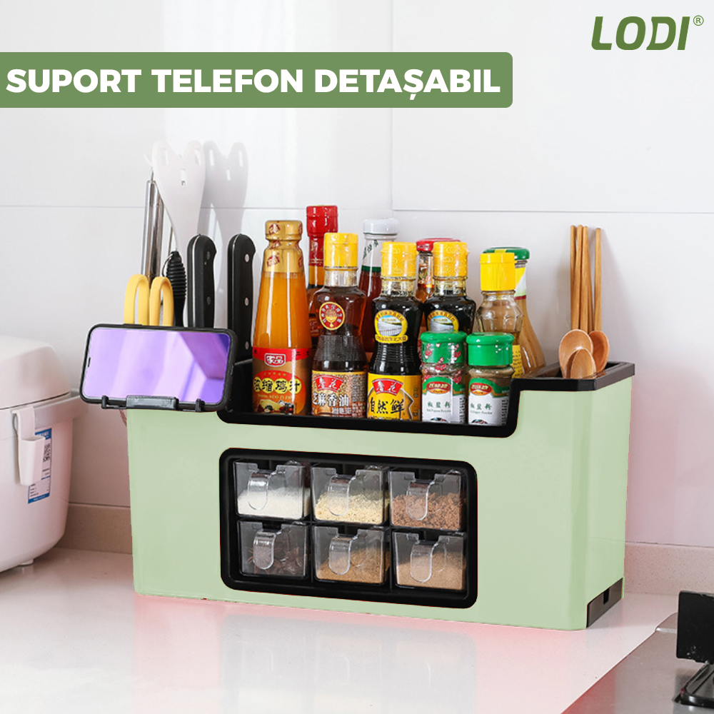 Organizator Multifunctional pentru Bucatarie Lodi683, 6 Compartimente, raft condimente, suport detasabil telefon, tavita de scurgere, suport tacamuri/ustensile, verde deschis