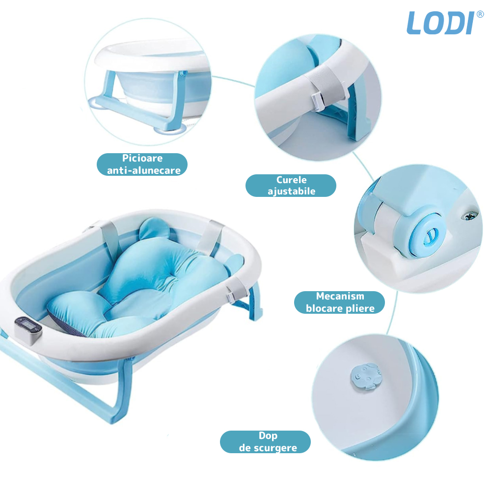 Cadita cu Pernuta pentru Bebelusi Lodi42, termometru digital incorporat, pliabila, dop de scurgere, picioare anti-alunecare, design ergonomic, 75 x 45 x 22 cm, albastru