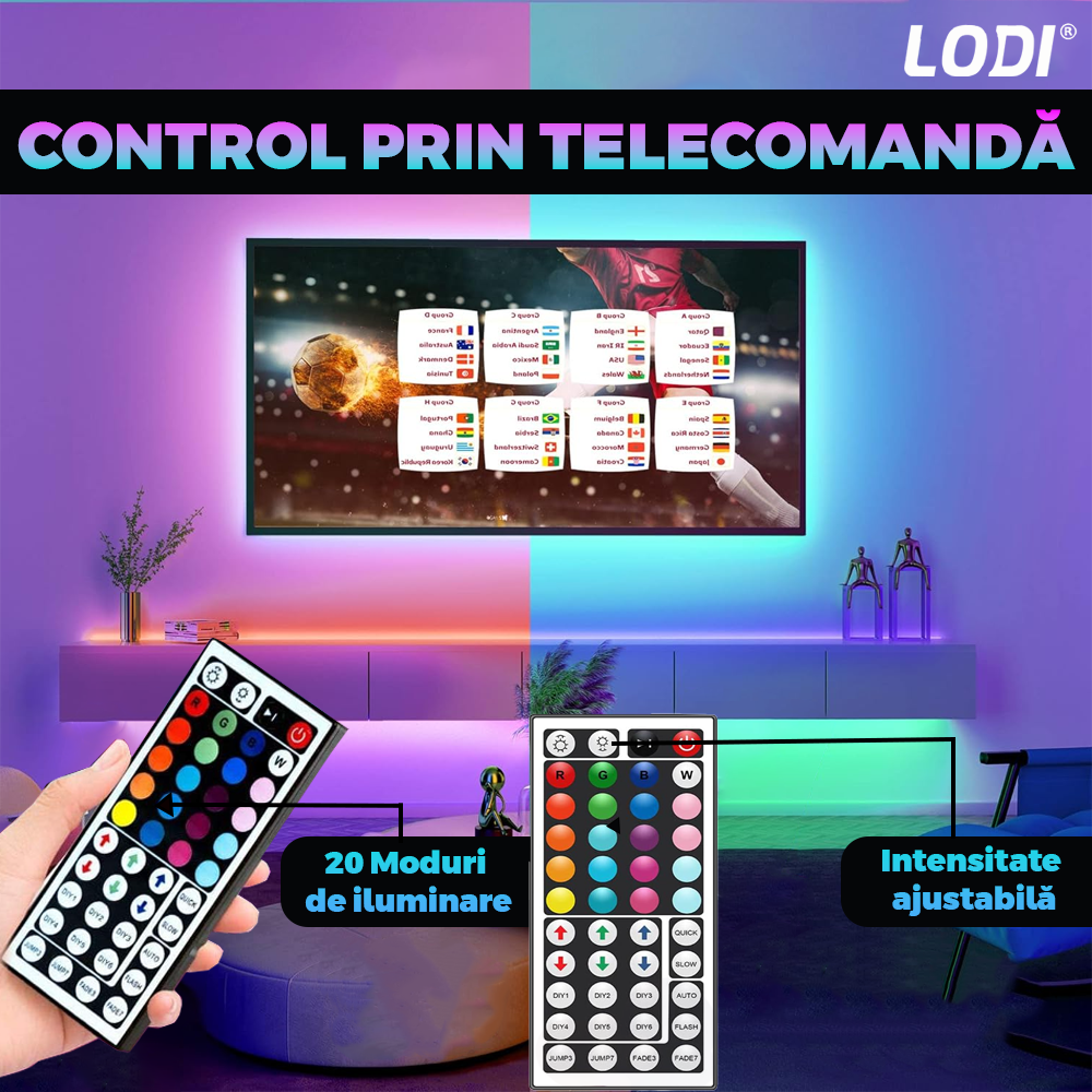 Kit Banda LED RGB Lodi453, inteligenta cu intensitate de lumina si culori reglabile, control prin telecomanda cu 44 taste, 5050RGB, utilizare exterior IP20, 5 m, multicolora