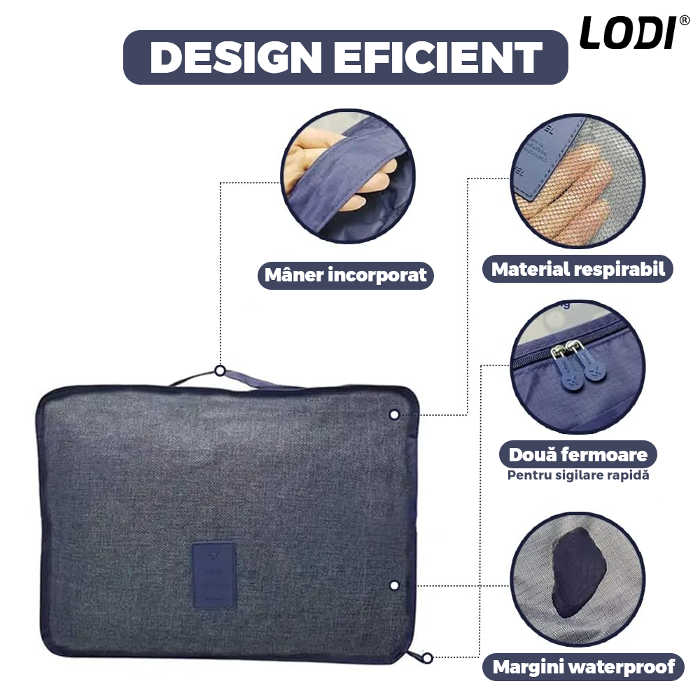 Set 6 Organizatoare Lodi671, pentru calatorie, diferite marimi, bagaj de voiaj, valiza, troler, genti, haine, accesorii, inchidere cu fermoar dublu, plasa, albastru inchis